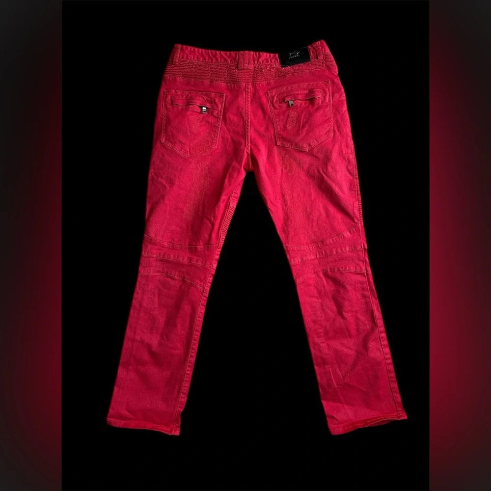 Damati Jeans Red Biker Moto Pants Men's 17x31.25 Distressed Zipper Pockets 36/32
